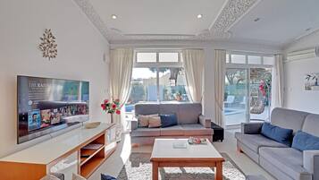 Smart TV, fireplace, DVD player, books
