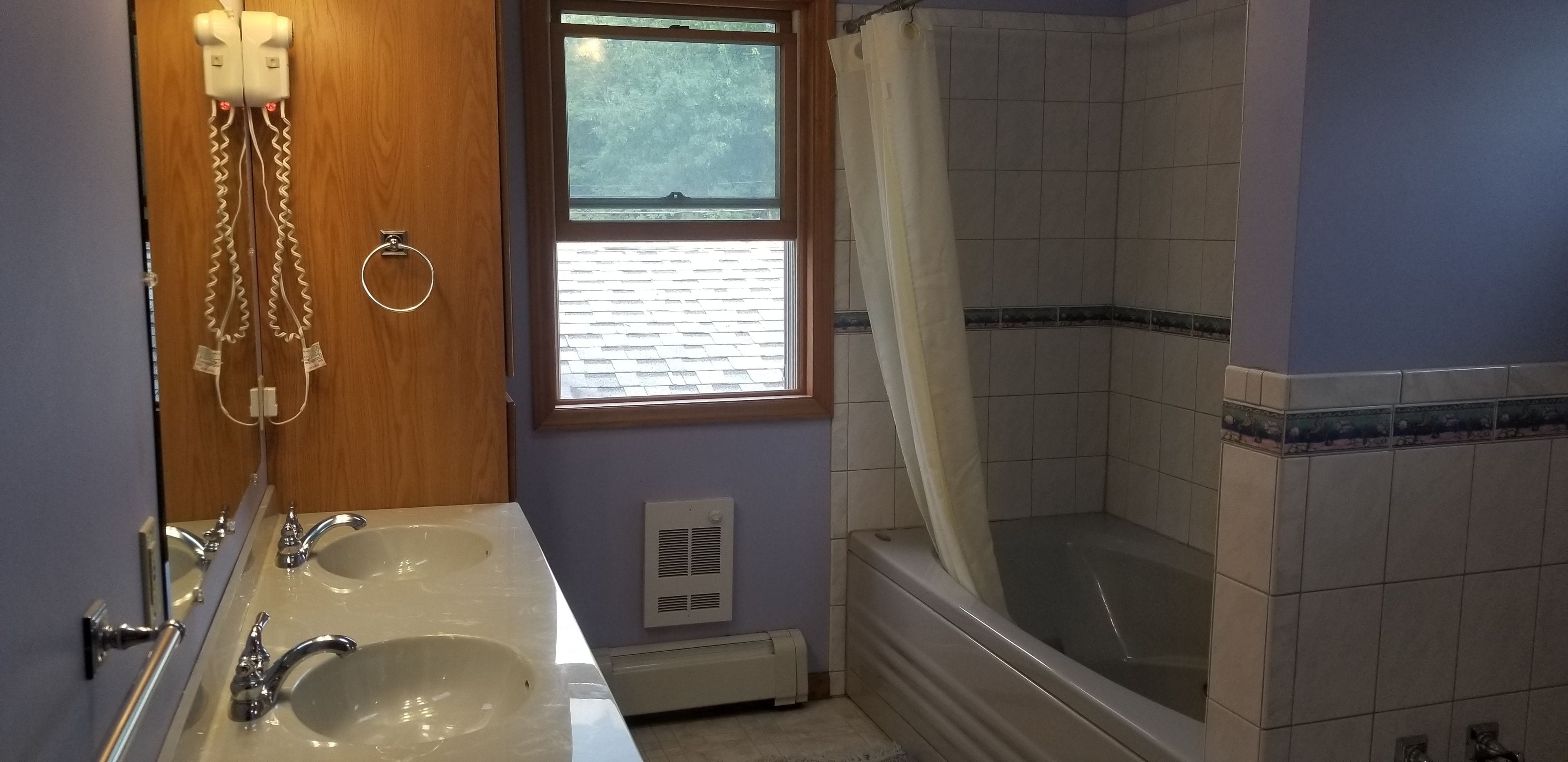 A bathroom with two sinks, a shower, a window, and a heater.