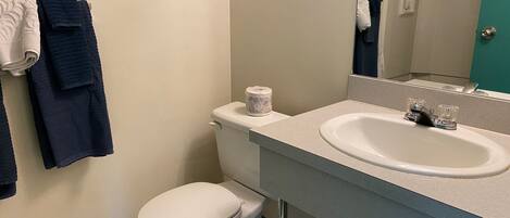 Un baño con inodoro, lavabo y espejo.
