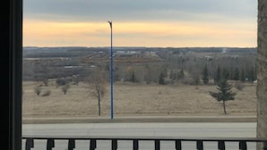 Vista desde un balcón con baranda de metal, sobre un paisaje llano con árboles dispersos y un edificio a lo lejos.