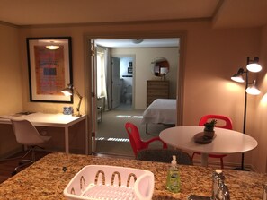 1 bedroom, desk, iron/ironing board, travel cot
