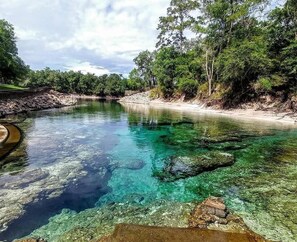 Une rivière aux eaux claires, où l’on peut voir des rochers et qui borde une plage de sable.