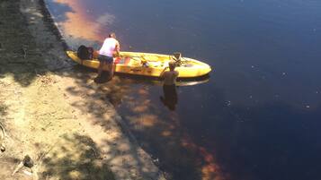 A kayak on a calm body of water near a sandy shore with trees in the background.