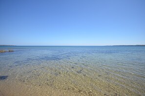 A clear view of a beach with shallow water and a distant shoreline.