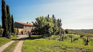 A stone building with a red-tiled roof, a dirt path leading to it, and a vineyard in the foreground. - Panorama, relax in farmhouse 30 kw from Volterra e 40 from Pisa airport (Chianni)