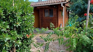 Eine Holzhütte mit Ziegeldach, umgeben von dichtem Grün und Bäumen.