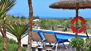 Un espace aménagé au bord de la piscine, avec des chaises longues, un parasol en chaume et une bouée de sauvetage.