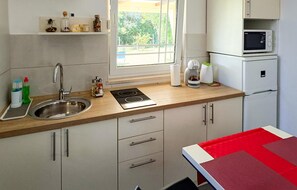 Réfrigérateur, four à micro-ondes, surface de cuisson, cafetière-théière