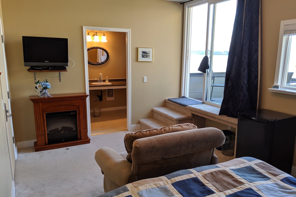 A bedroom with a bed, a TV, a fireplace, a window with curtains, and a view of the outside.