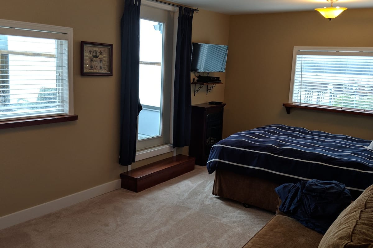 A bedroom with a bed, a TV, a window with blinds, a framed picture, and a carpeted floor.