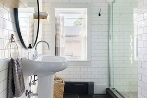 Hair dryer, towels, soap, shampoo