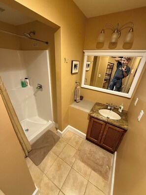Shower, towels, soap, shampoo