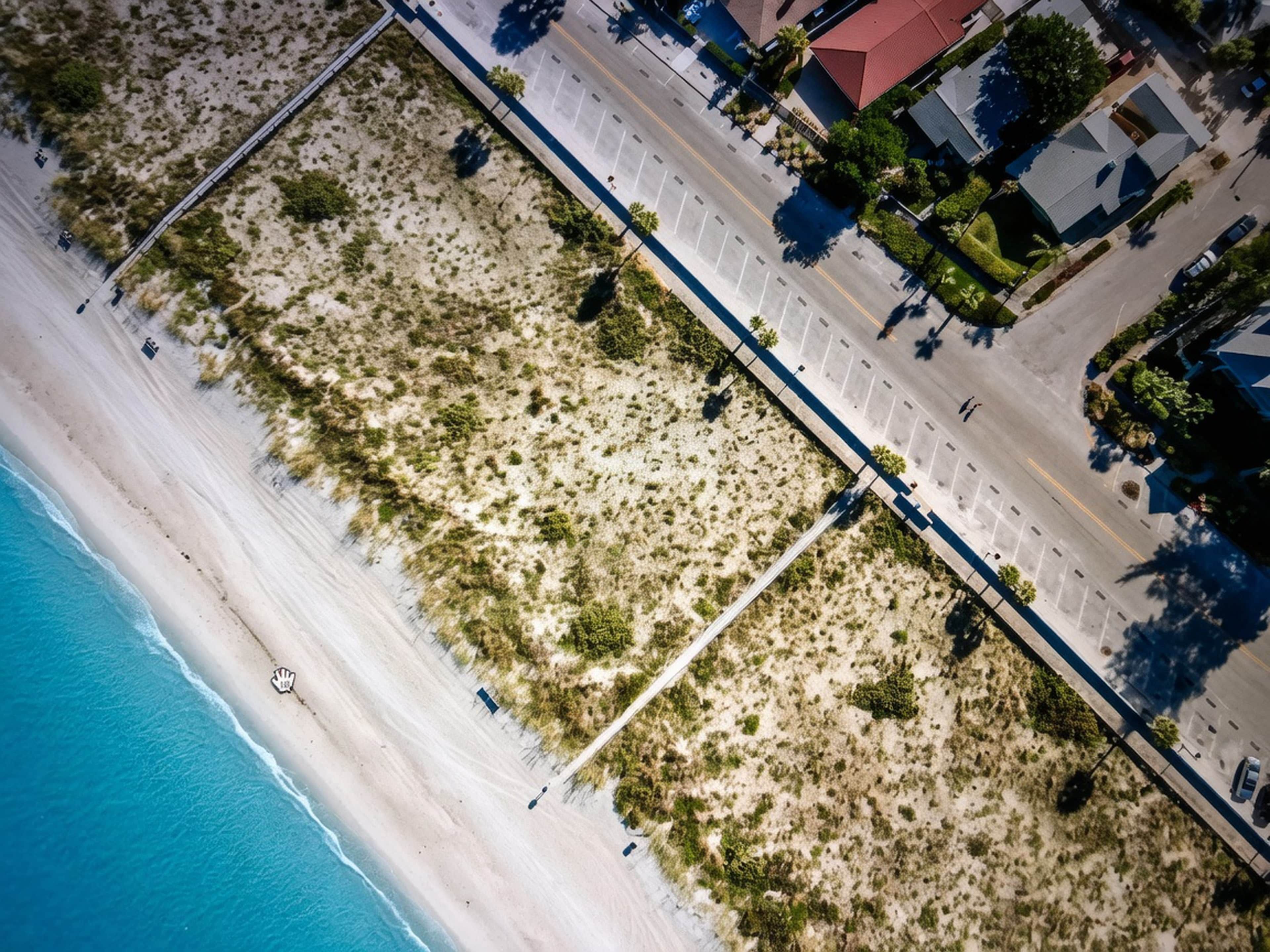 An aerial view of a beach with a road running parallel to it, lined with buildings and vegetation.