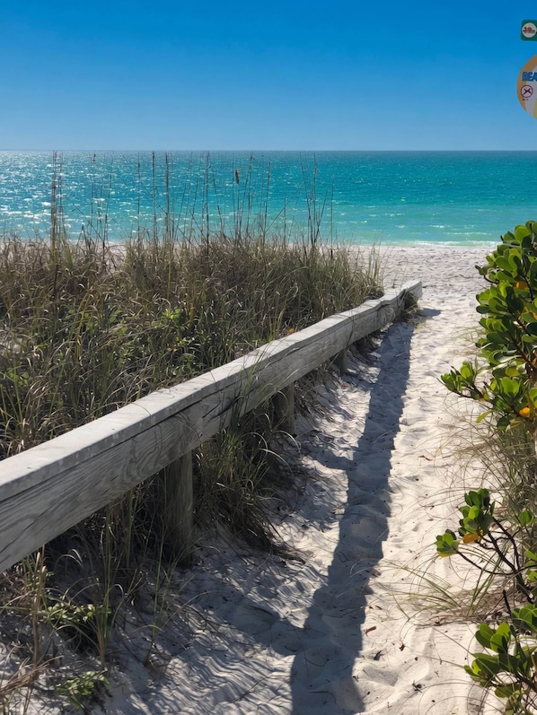 A sandy beach path with a wooden fence and vegetation.