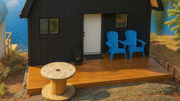 A black cabin with a wooden deck, two blue Adirondack chairs, and a round wooden table. - Cottage - Lakeside w/private Hottub near Big White (Naramata)