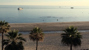 A beach with calm waters, boats, and palm trees.