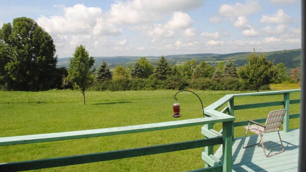 A deck with a chair and a lantern, overlooking a grassy field and trees. - Longview Cottage with views to compliment its name and close to cooperstown (Mount Vision)