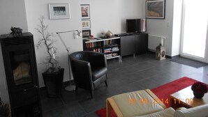 A modern living room with a fireplace, a bookshelf, a TV, and a red rug. - Deichhaus Brisinga, Germany (Breege)