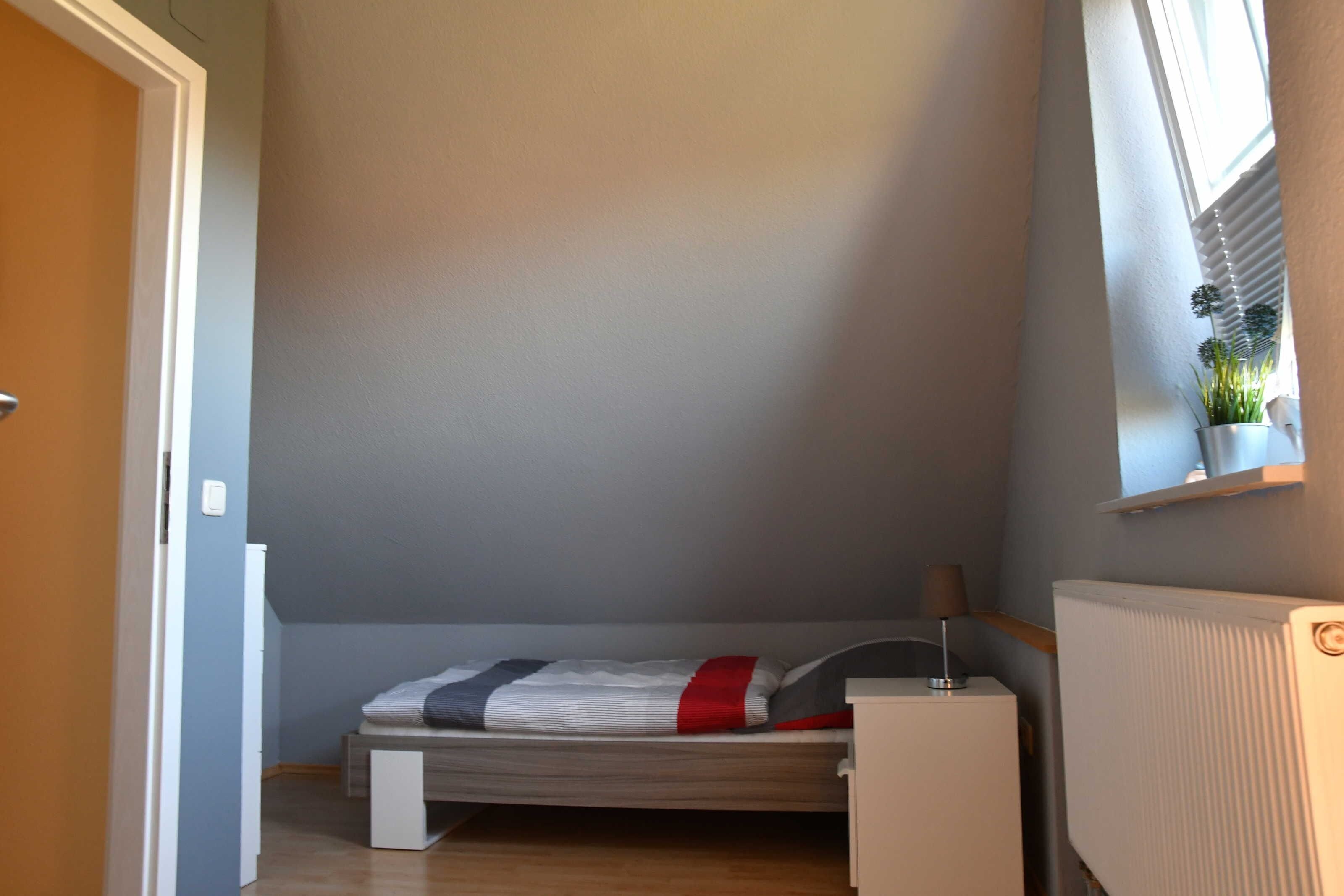 Un dormitorio con cama, una mesita de noche pequeña, un radiador, una ventana con una planta y una puerta.