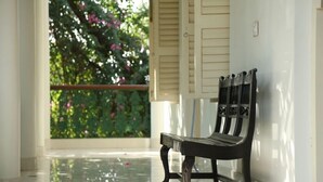 A bench in a sunlit room with a view of a garden.