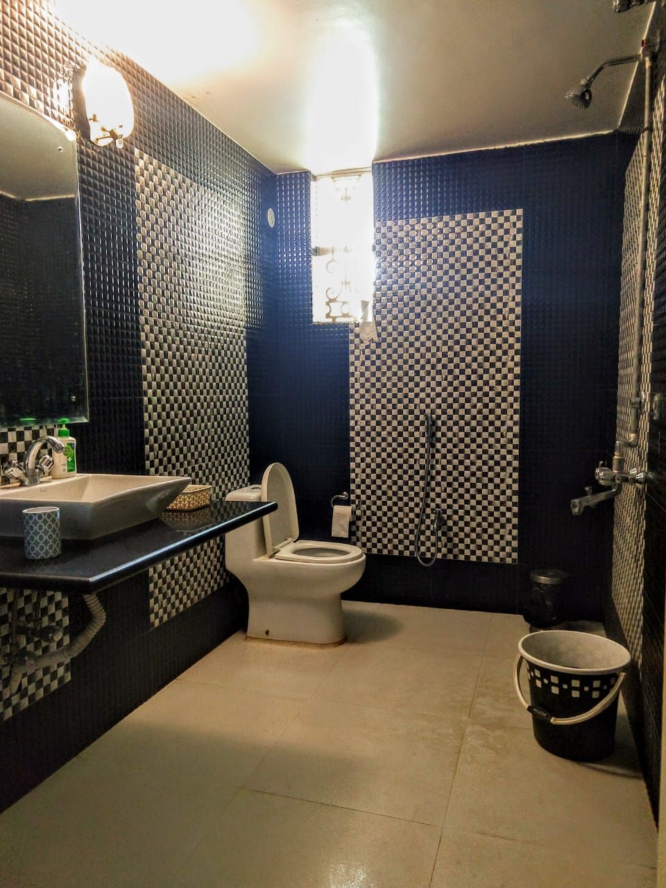 A bathroom with a white toilet, a sink with a mirror above it, a shower area, and a checkered-patterned wall.