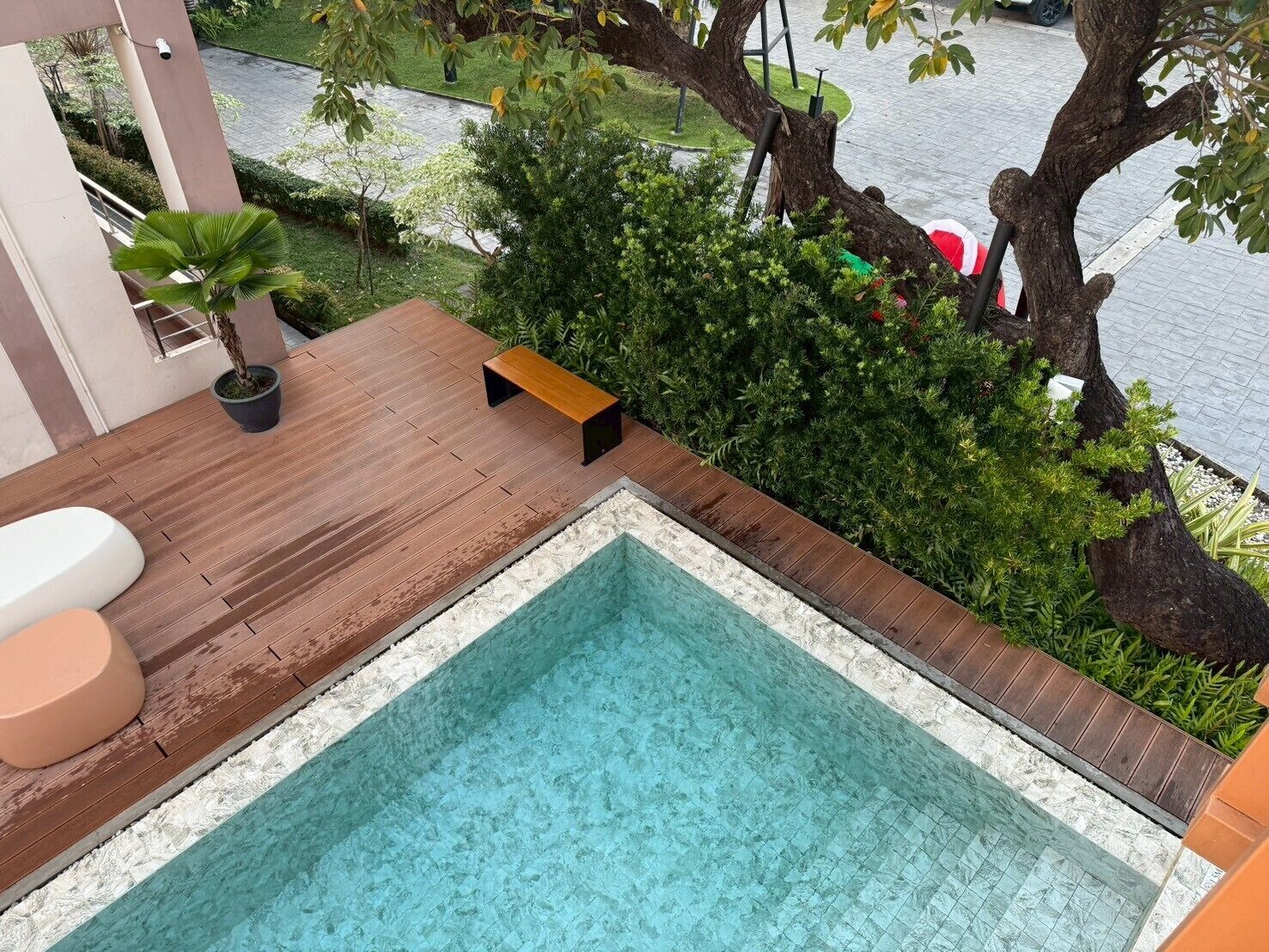 Una piscina en la azotea con terraza de madera, un banco y una pequeña planta en maceta.