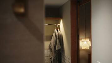 Shower, free toiletries, towels, soap