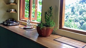 Una cocina con estufa a gas, un hervidor y una planta en maceta junto a una ventana.
