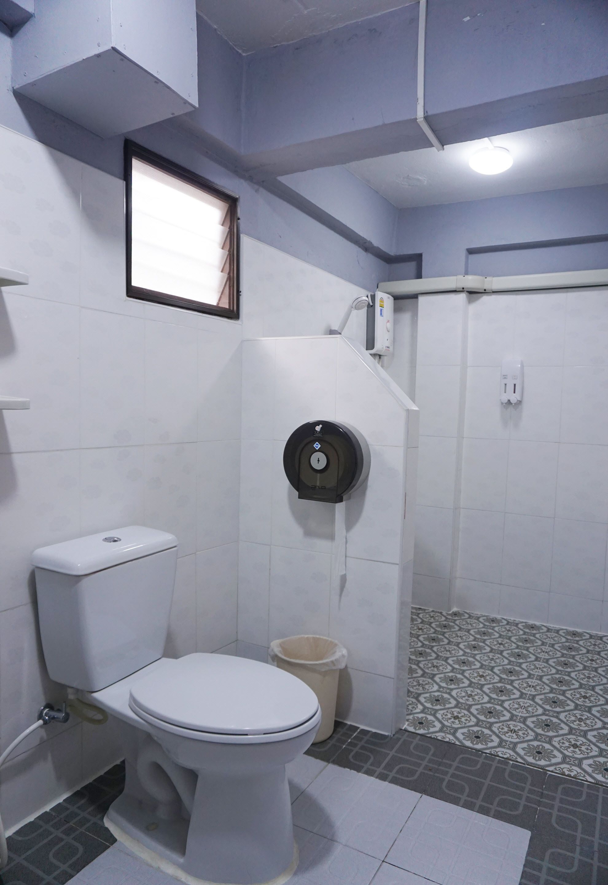 Een badkamer met toilet, handdroger en douchehoek.
