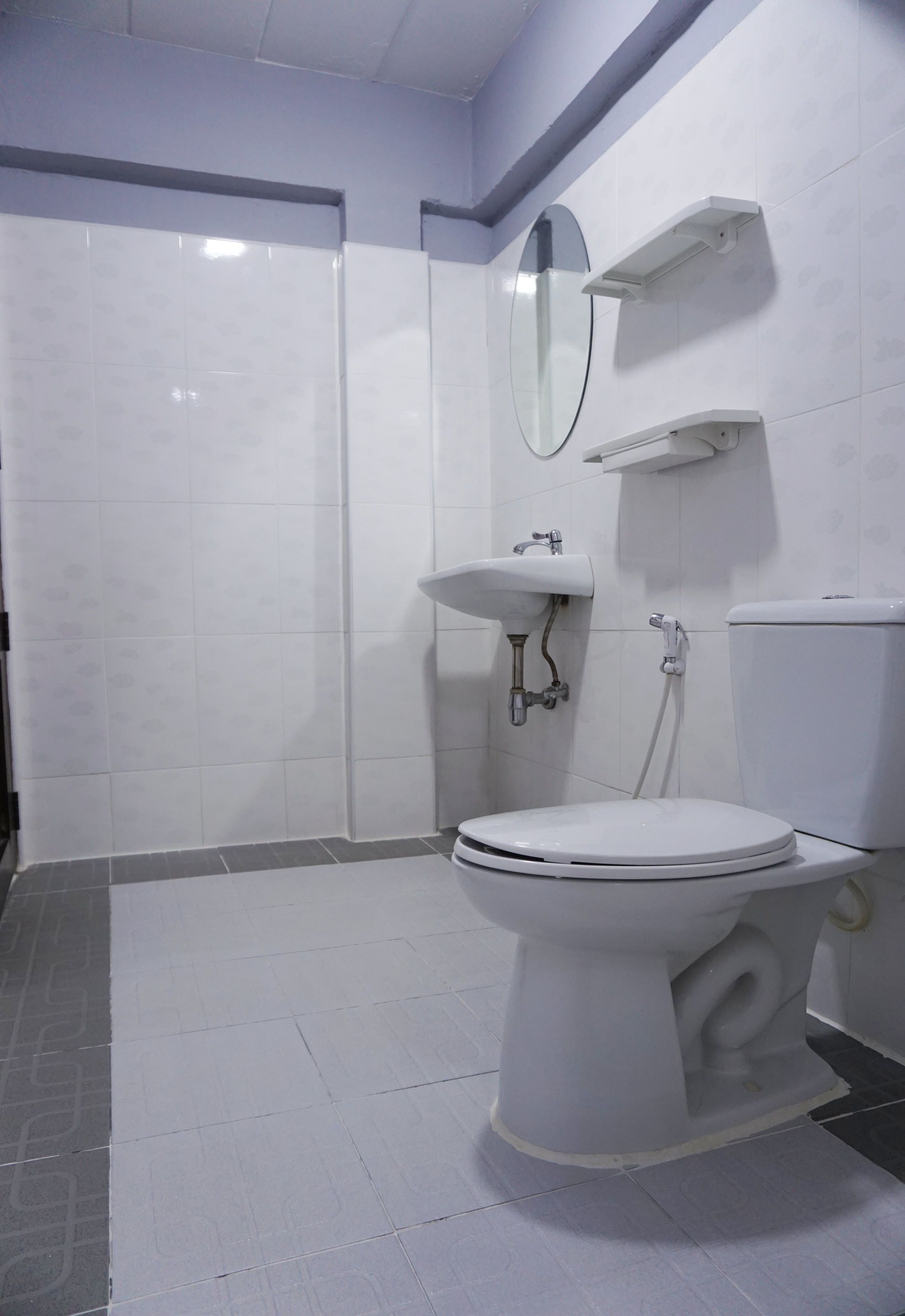 A bathroom with a toilet, sink, and mirror.