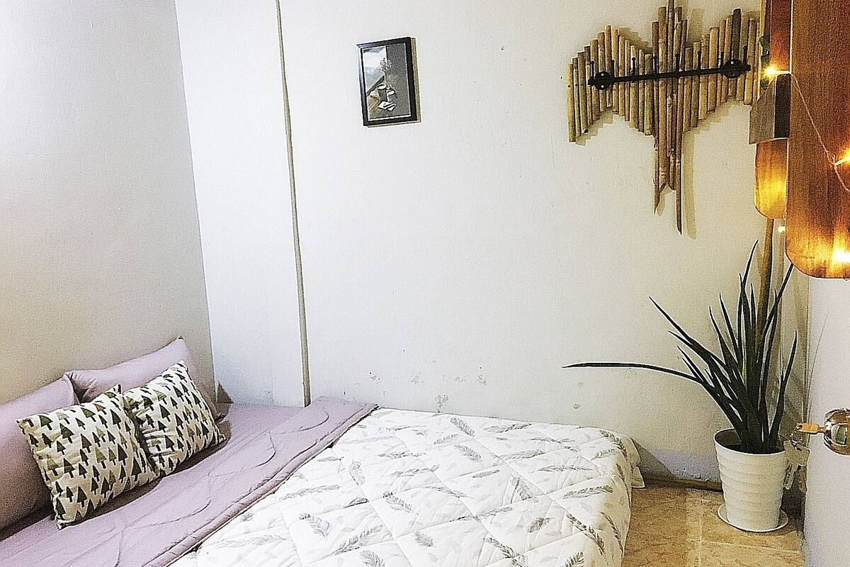 A bedroom with a bed, a potted plant, and a wall-mounted light fixture.