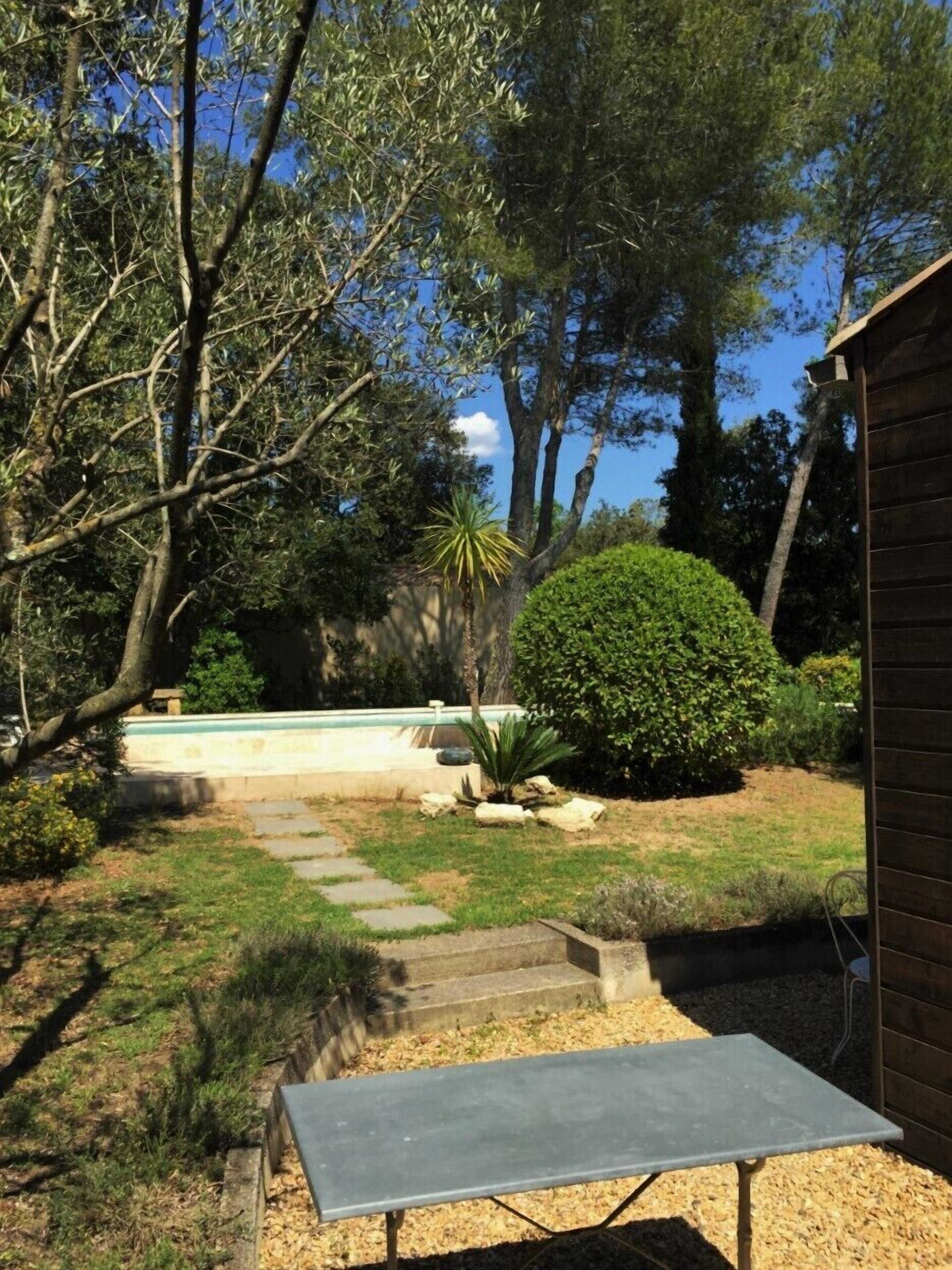 A backyard with a swimming pool, a patio table, and various plants.