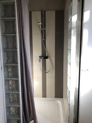 Chuveiro, secador de cabelo, toalhas de banho, papel higiênico