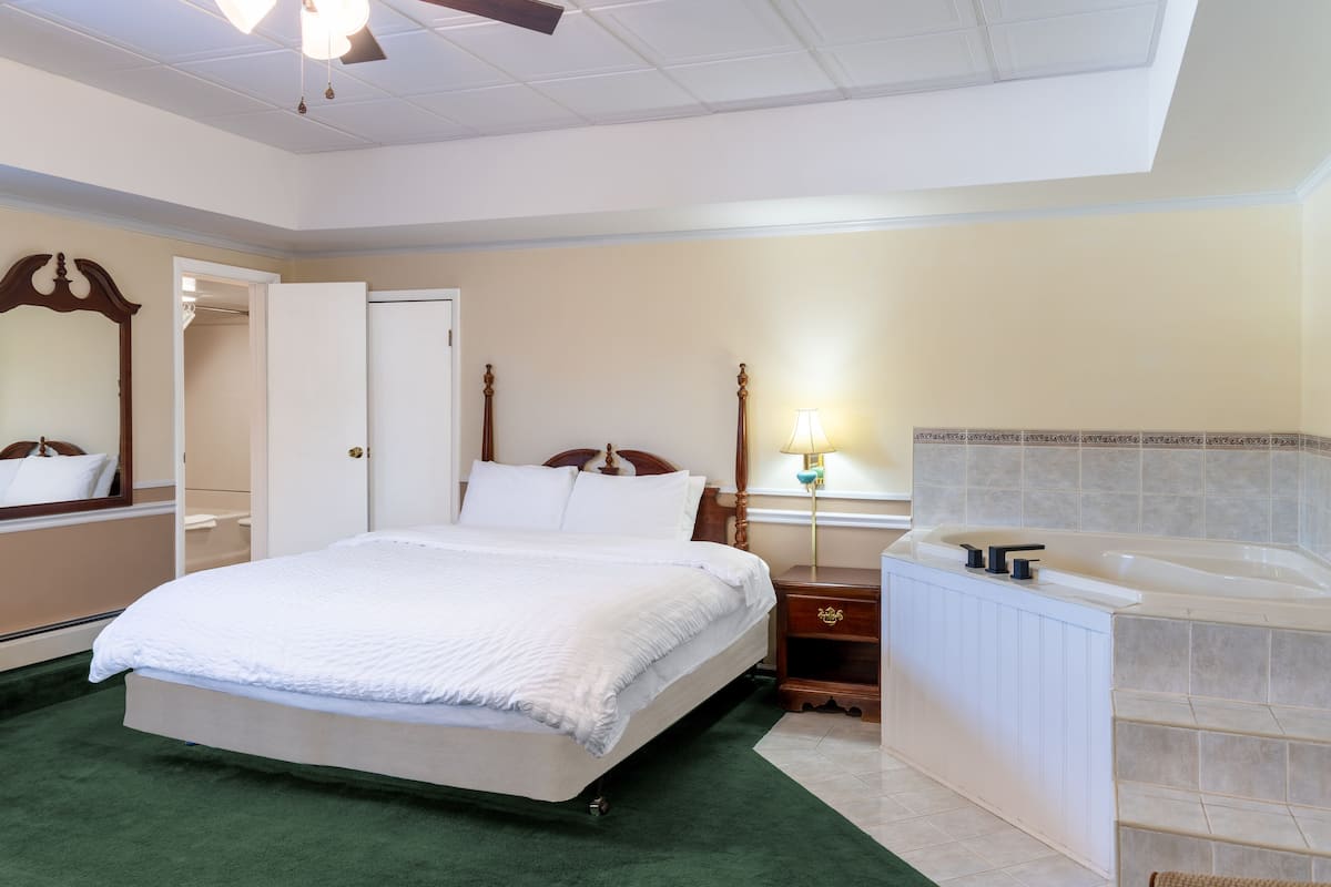 A hotel room with a large bed, a walk-in closet, a bathroom with a bathtub, and a ceiling fan.