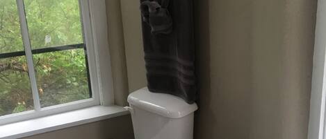 Douche, sĂšche-cheveux, serviettes fournies, savon