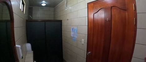 A bathroom with a toilet, a sink, a mirror, a shower, and a wooden door.