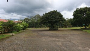 Ein Kiesparkplatz mit einem großen Baum und einem Zaun im Hintergrund.