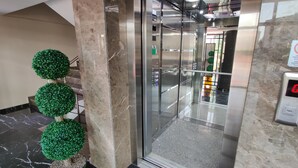 Un ascensor con detalles metálicos, suelo de mármol y un árbol artificial verde a su lado.