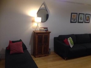 TV, DVD player, books, video library