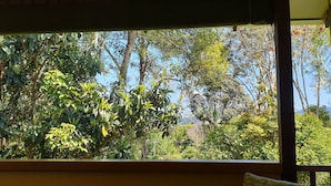 A room with a large window overlooking a lush garden and distant mountains.
