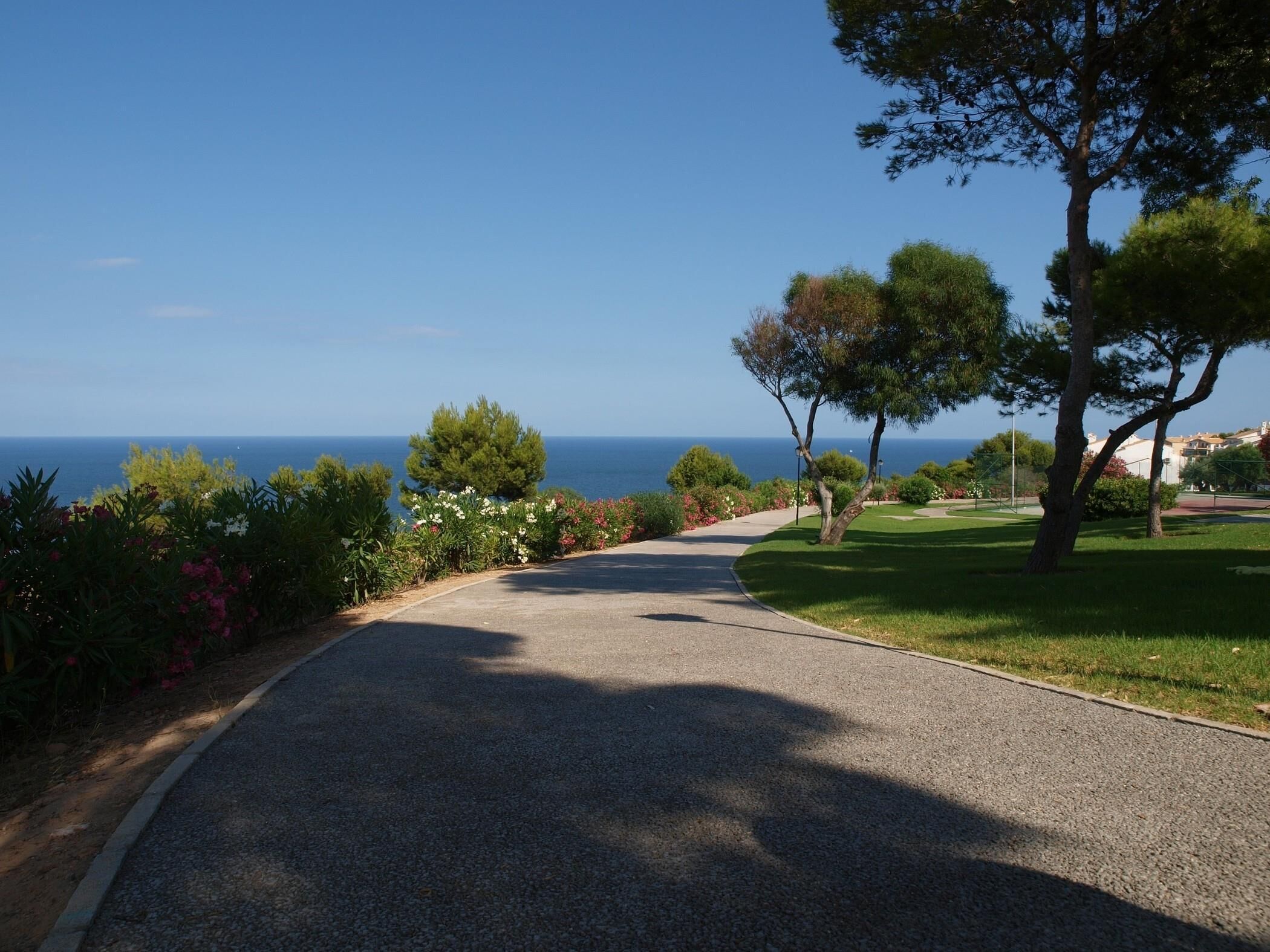 Un sentier pavé mène à une zone côtière d’où l’on a une vue dégagée sur la mer.