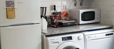 A compact kitchen with a refrigerator, microwave, and washing machine.