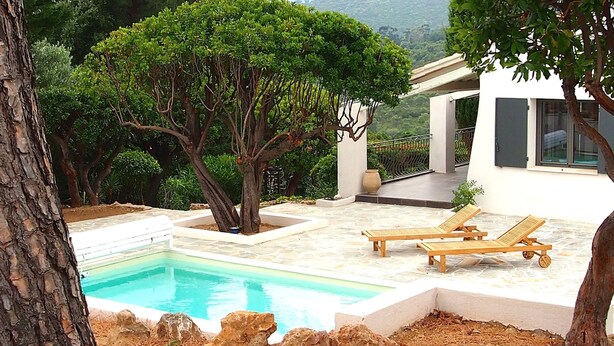 Ein Poolbereich mit zwei Liegestühlen, einem Baum und einem Gebäude mit Balkon.
