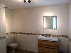 Casa de banho com sanita, lavatório com espelho e zona de duche.