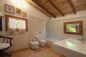 Ducha y bañera combinadas, secador de pelo, toallas y papel higiénico