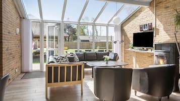 Télévision, cheminée, lecteur de DVD