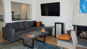 Smart TV, fireplace, books