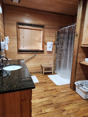 Combined shower/bathtub, hair dryer, towels, soap