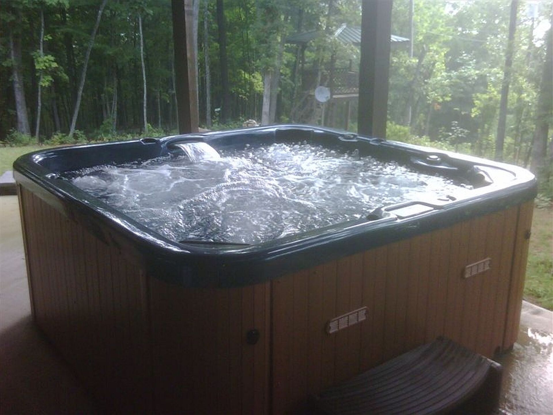 Un bain à remous avec un revêtement extérieur en bois, entouré d’une terrasse en bois et offrant une vue sur une zone boisée.