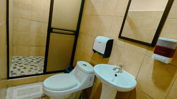 A bathroom with a toilet, sink, and a mirror.